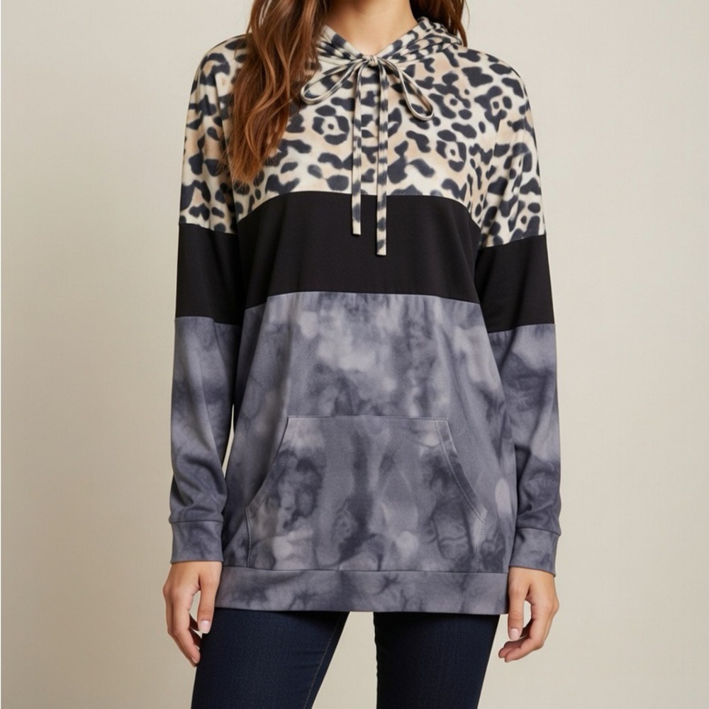 Animal Print Color Block Hoodie Sz Large